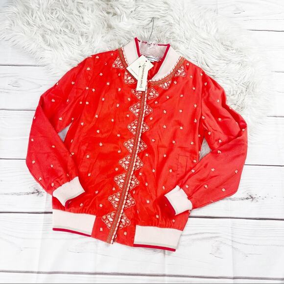 Anthropologie Conditions Apply Arabella Embroidered Red Bomber Jacket Size Small - Picture 4 of 9